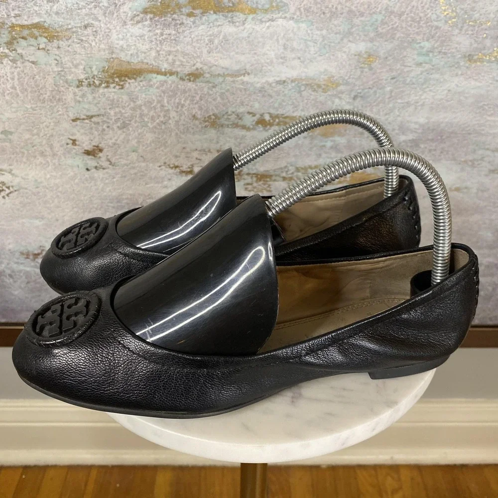 Tory Burch Ballet Flat Shoes Womens Size 7 Black Leather Logo Slip On Round Toe